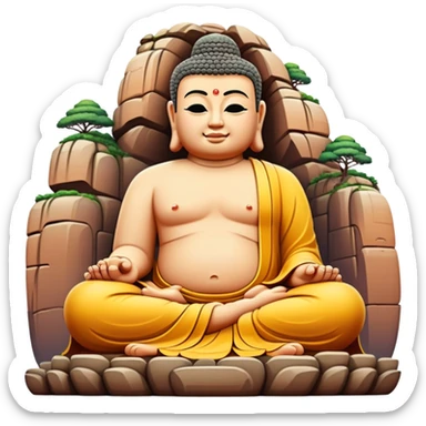 Leshan Giant Buddha massive stone statue, simplified emoji style with bold outlines and bright colors, cartoon style sitting Buddha carved in cliff sticker