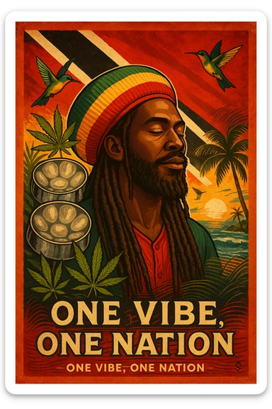 Create a vibrant digital illustration in vintage poster style featuring a proud Trinidadian Rasta man with long dreadlocks and a bold red, gold, and green tam. The background should incorporate the Trinidad and Tobago flag in a stylized, textured way — using deep red, black, and white tones that blend with tropical elements. Surround the figure with iconic cultural symbols like steelpan drums, ganja leaves, and hummingbirds in flight. Add warm Caribbean sunlight, ocean waves, and lush greenery to enhance the island energy. The Rasta man should radiate peace, power, and island wisdom — with bold facial features, calm expression, and a sense of spiritual presence. The overall tone should be rootsy, regal, and rich with island soul — merging reggae culture with Trinidadian pride. Optional accents: subtle soca rhythm lines in the background or a quote like “One Vibe, One Nation.” sticker