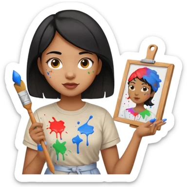 black haired light brown skinned painter girl with canvas sticker