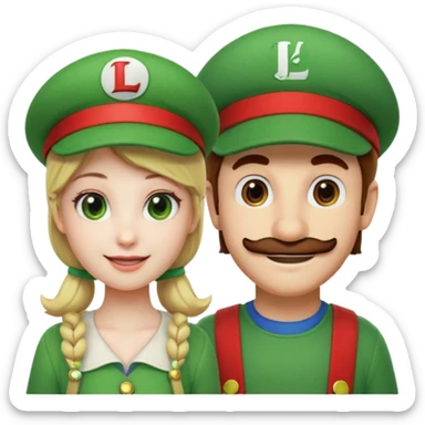 blonde female Luigi (with the Luigi green hat with an L on it) and a normal brown hair male Mario with the red hat with a (M) on it. They are friends just smiling. think video game sticker