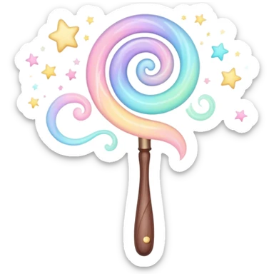 Cinematic cute magical wand, pastel swirls of color, tiny twinkling stars floating around, glowing softly, chubby rounded edges, whimsical and dreamy. sticker