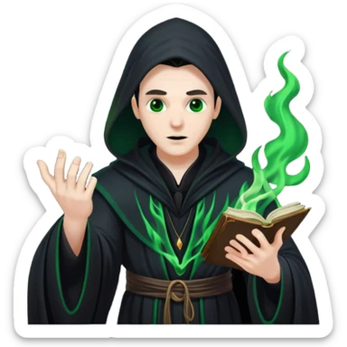 A dark sorcerer in flowing black robes, conjuring eerie green flames sticker