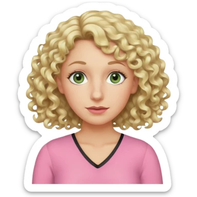 a woman in her late 40s and has greyish greenish eyes and blonde curly hair wearing a pink top  triangle nose sticker