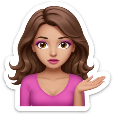 girl with long wavy brown hair, brown eyes, long lashes makeup, sexy pink lips, light to medium complexion, pink sexy top, shrugging with both hands, confused sticker