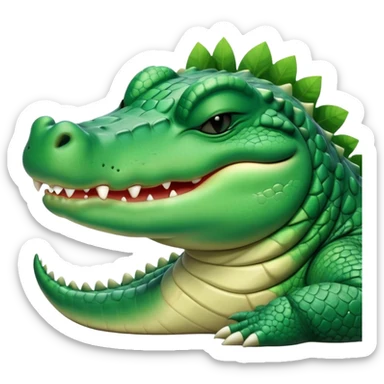 Meme-Worthy Cute Sleeping Crocodile Portrait Emoji, Head resting peacefully with a contented smile, showcasing a robust, powerful build and a luxuriously soft textured emerald-green hide, eyes shut in a serene, restful nap, Simplified yet hilariously adorable features, highly detailed, glowing with a soft, drowsy light, high shine, relaxed and utterly lovable, stylized with an air of playful laziness, bright and heartwarming, soft glowing outline, capturing the essence of a comically sleepy crocodile, so meme-worthy it feels like it could instantly become the next viral sensation of adorable reptilian slumber! sticker