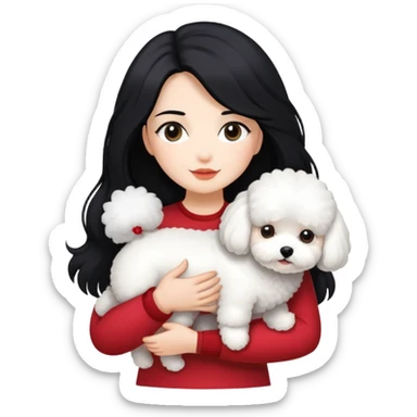 woman with long black hair holding white fluffy Bichon Frise dog sticker