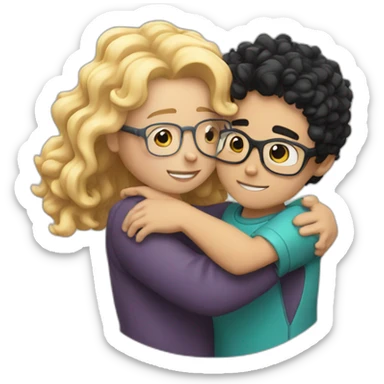 boy with curly blonde hair and glasses hugging girl with black hair and glasses sticker