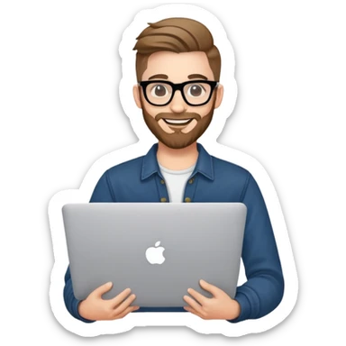 smiling hipster man with MacBook with glasses sticker