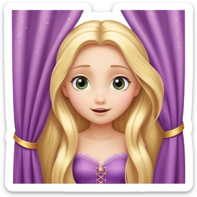 Cinematic Adorable Rapunzel Portrait Emoji, Playfully peeking out from behind a curtain of hair, big sparkling eyes, cheeks flushed with excitement, exuding charm and innocence, an absolute delight! sticker