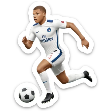 An icon showing Kylian Mbappé running with the ball on a football field during a match. The design captures his speed and focus, with dynamic motion lines and a vibrant background of the field and stadium lights. Transparent background emphasizes the action. sticker