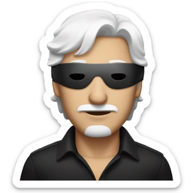 White haired man wearing black blindfold sticker