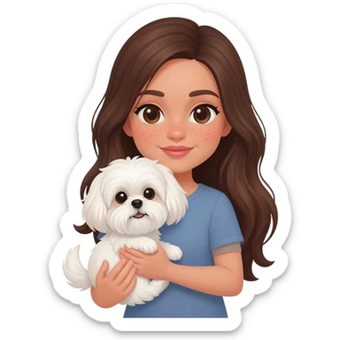 Tan Brunette girl with long hair and beauty spots under her lip and below her eyes, holding white shih tzu sticker