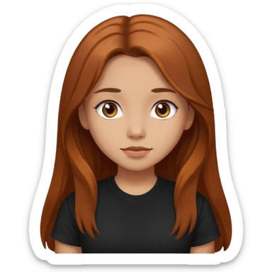 Medium copper brown long hair girl with dark brown eyes wearing a black tee sticker