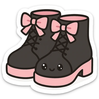 BLACKPINK-inspired gothic shoes, no hearts, black and pink, cute and stylish, kawaii style, lace-up ankle boots with ribbons, no socks sticker