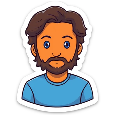 Lebanese man with one blue eye and one brown eye, dark brown longish wavy hair, light beard, closed mouth, kind expression, blue shirt sticker