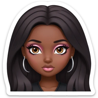  long dark hair, dark skin skin, dark brown eyes, pretty bratz baddie, black eyeliner, blush sticker