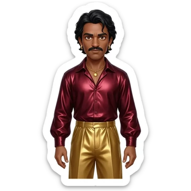 Othello from Othello with dark brown eyes, black hair, dark red metallic shirt, gold metallic baggy pants, gold necklace and earrings sticker