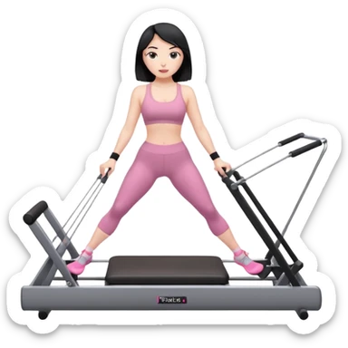 Create a Pilates emoji: a girl with fair skin and black hair, wearing a grey bra and leggings with pink socks, exercising on a pilates reformer and not looking at the camera sticker