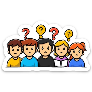 Team of people with bewildered expressions and question marks around them sticker