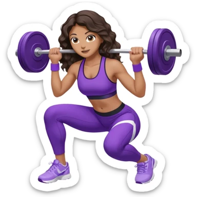 mujer de tez trigueña, con cabello castaño oscuro ondulado con pequeñas ondas, con el cabello super largo hasta las rodillas estilizado, con ropa deportiva morada/lila, tenis blancos deportivos y levantando una pesa sticker