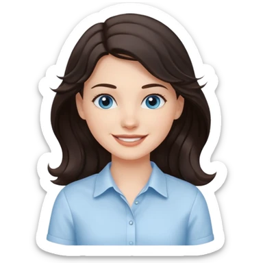 A White girl with wavy and dark hair, light blue eyes and a white shirt smiling sticker