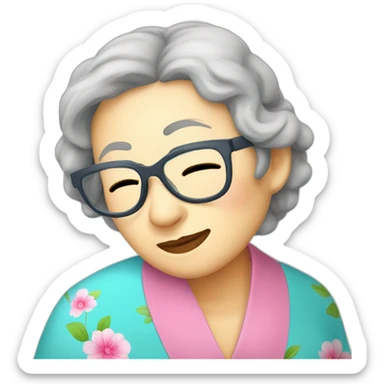 Chinese senior women sleeping in bed wear glasses sticker