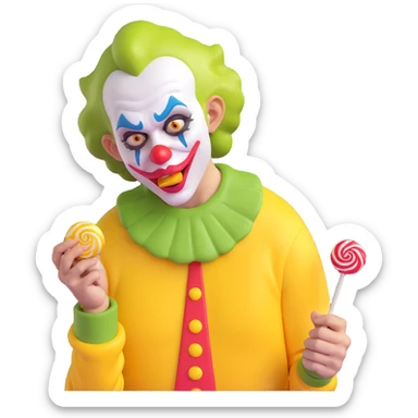 comically ugly clown-like joker, dressed in a yellow jersey, crying and licking a lollipop sticker