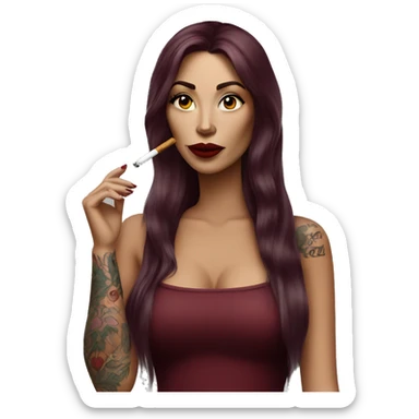Beautiful tattooed burgundy long haired woman smoking a cigarette sticker