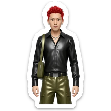 Mike Shinoda with red hair, black metallic shirt, olive metallic baggy pants, silver necklace sticker