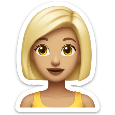 Girl with blonde bob cut in a mid part, olive eyes, pale pink lips, wearing a yellow tube top sticker