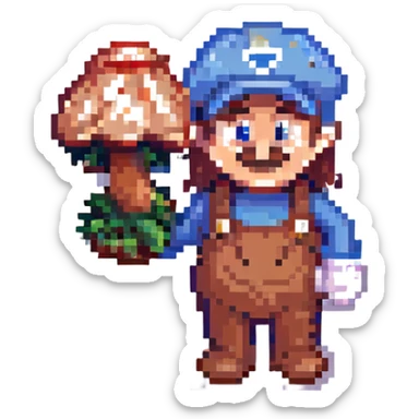 Mario holding a mushroom, pixel art style, classic outfit, playful sticker