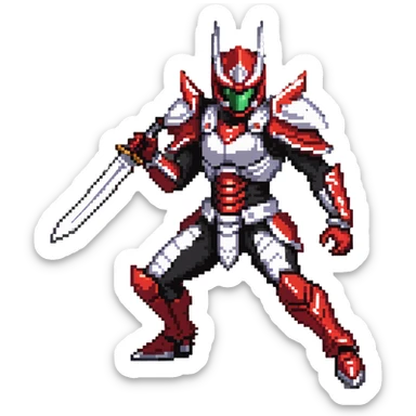 Kamen Rider Ryuki in full red and silver armor with black underlayers, silver dragon-themed helmet with sharp visor slits, intricate scale-like paneling, in a defensive yet ready pose, facing a lunging mirror monster sticker