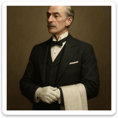 a sophisticated butler, classic British style, holding a towel over one arm, poised and professional, elegant and formal sticker