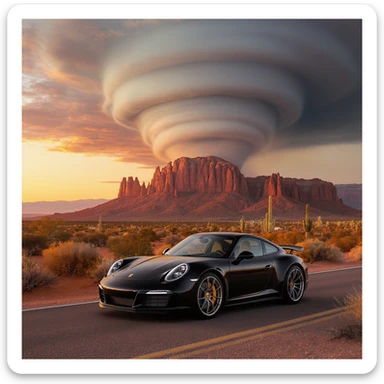 A modern desert mountain, wallpaper, modern, porsche 911, sunset, arizona desert, tornado in background sticker