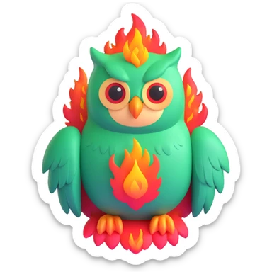 Duolingo green owl mascot with fire flames sticker