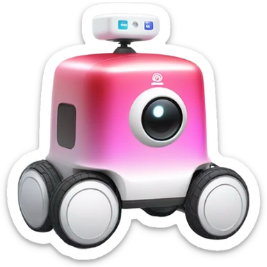 A red-pink gradient COCO delivery robot with four white wheels, rounded rectangular shape. White COCO logo, multiple front sensors, and top-mounted camera. Secure storage compartment and QR code on top. sticker