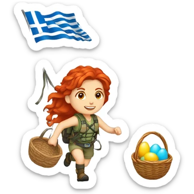 Female mountaineer red hair climbing with Easter eggsbasket and Greek flag sticker