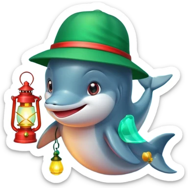dolphin wearing green hat and a lantern with red light sticker