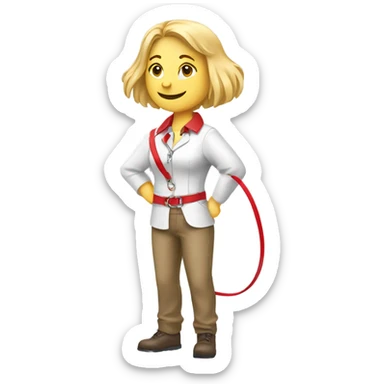 Put a Red dog collar on a blond white human female and add a red leash connected to the collar sticker
