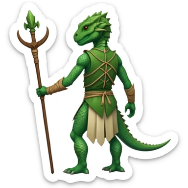 full body reptilian humanoid in ancient outfit, back view, with a staff sticker