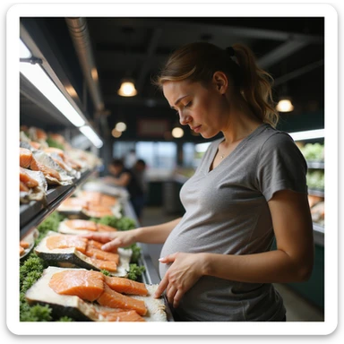 realistic pregnant woman in 4K looking at salmon in supermarket with worried expression close-up detail on salmon fillet showing parasites inside sticker