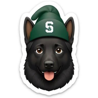 Black German shepherd wearing a Michigan state spartan hat sticker
