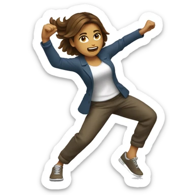 brown haired woman standing and hitting the dab with 100% energy sticker
