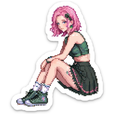 A girl with pink hair, wearing a skirt, sitting sideways on her leg, wearing a crop top, pastel colors sticker