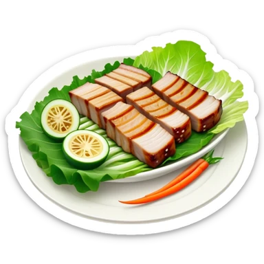 Samgyeopsal Cinematic Realistic Samgyeopsal Dish Emoji, depicted as slices of grilled pork belly served in crisp lettuce leaves with assorted fresh vegetables, rendered with dynamic textures and appetizing, natural lighting. sticker