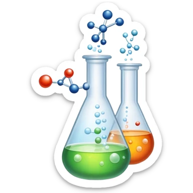 An icon featuring a chemical flask, bubbling with liquid, and an atomic structure, symbolizing chemistry. The design includes molecules, a periodic table, and laboratory equipment, representing the study of chemical reactions and elements. Transparent background highlights scientific research. sticker