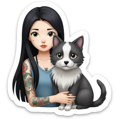 a Chinese girl with long black  straight hair and tattoos and A grey border collie and a black round faced cat sticker