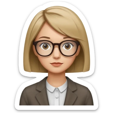 woman dark blonde petite bob haircut wears dark squarish glasses, classic clothes sticker