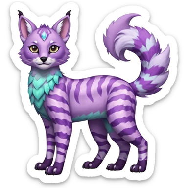 Colorful furry happy cute floofy pale minty lilac onyx fruity glorious exotic neon vibrant zigzagged fantasy-caracal-civet-genet-sergal-vernid-Gryphon-Cacomistle-Trico-oncilla-animal-Fakémon-hybrid-fursona (full body), facial markings, (realism style) sticker