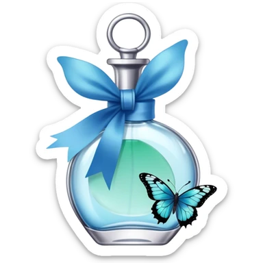 A glass perfume bottle with a soft blue ribbon tied around its neck, with a green and blue butterfly nearby. sticker
